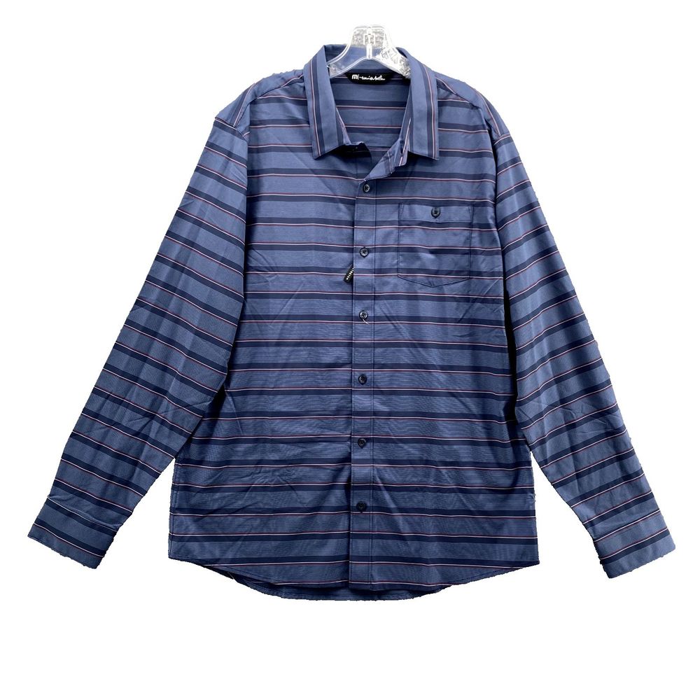 Travis Mathew Shirt L Blue Striped 4 Way‎ Stretch Long Sleeve Button Down Men's